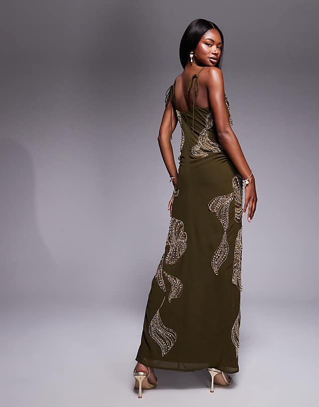 Asos ASOS DESIGN Draped Skirt Overlay Maxi Dress With Dropped Waist And Embellishment In Khaki