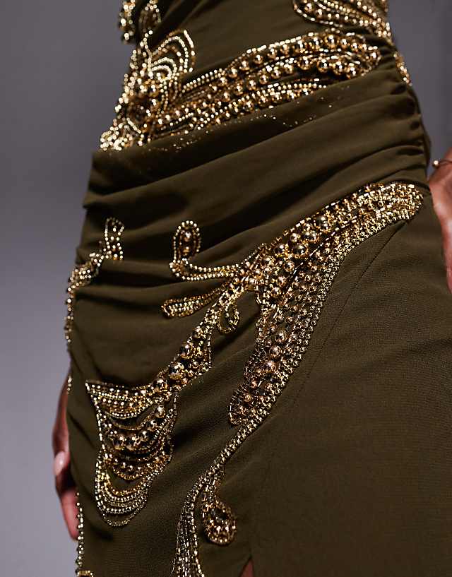 Asos ASOS DESIGN Draped Skirt Overlay Maxi Dress With Dropped Waist And Embellishment In Khaki