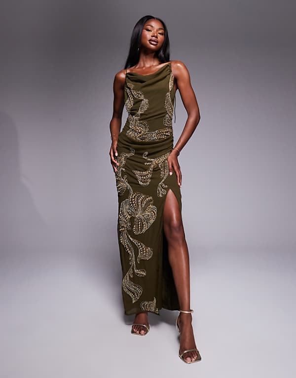 asos ASOS DESIGN draped skirt overlay maxi dress with dropped waist and embellishment in khaki