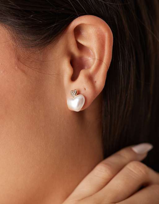 asos ASOS DESIGN drop earrings with faux pearl and puff heart detail in gold tone