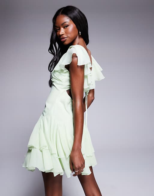 Asos ASOS DESIGN Dropped Waist Full Skirt Mini Dress In Sage Green
