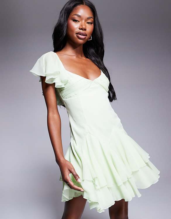 asos ASOS DESIGN dropped waist full skirt mini dress in sage green