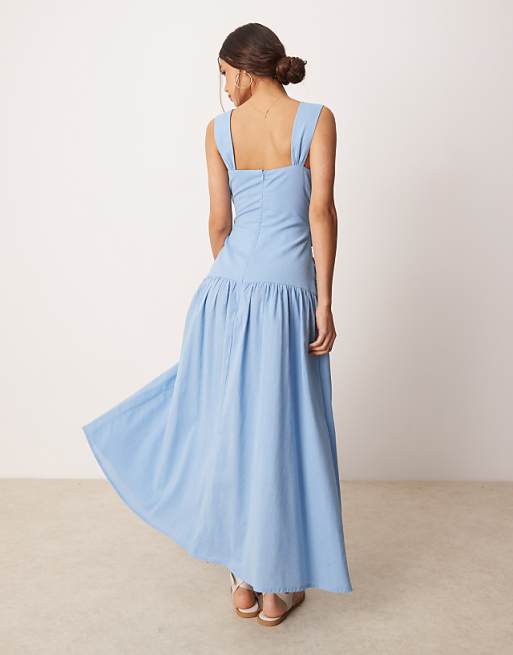 Asos ASOS DESIGN Dropped Waist Linen Look Midaxi Dress With Wrap Bodice In Sky Blue