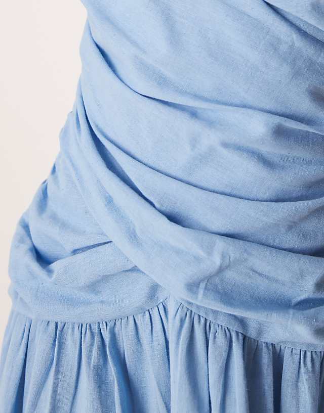 Asos ASOS DESIGN Dropped Waist Linen Look Midaxi Dress With Wrap Bodice In Sky Blue