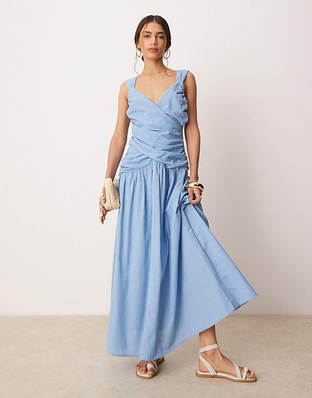 asos ASOS DESIGN dropped waist linen look midaxi dress with wrap bodice in sky blue