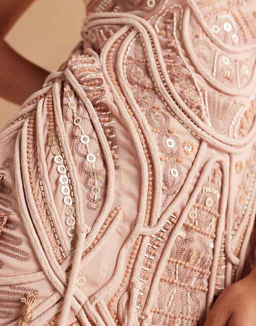 Asos ASOS DESIGN Embellished Bandeau Mini Dress With Fringing Hem In Golden Bronze