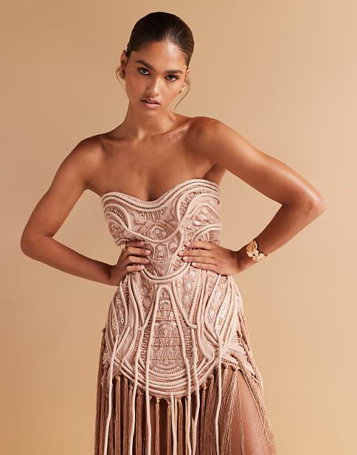 Asos ASOS DESIGN Embellished Bandeau Mini Dress With Fringing Hem In Golden Bronze