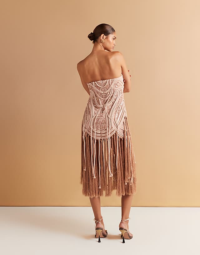 Asos ASOS DESIGN Embellished Bandeau Mini Dress With Fringing Hem In Golden Bronze