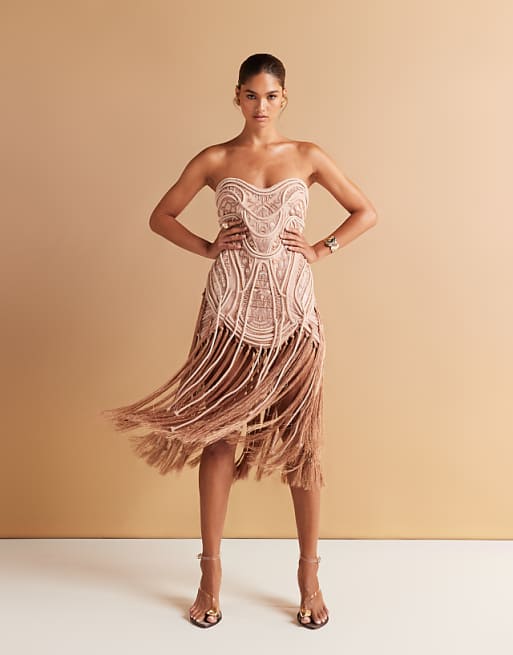 asos ASOS DESIGN embellished bandeau mini dress with fringing hem in golden bronze