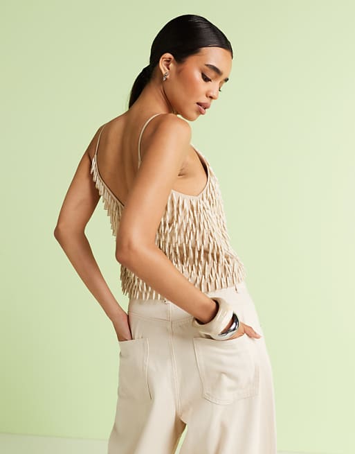 Asos ASOS DESIGN Embellished Linen V Neck Cami In Cream