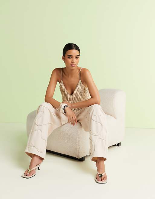 Asos ASOS DESIGN Embellished Linen V Neck Cami In Cream