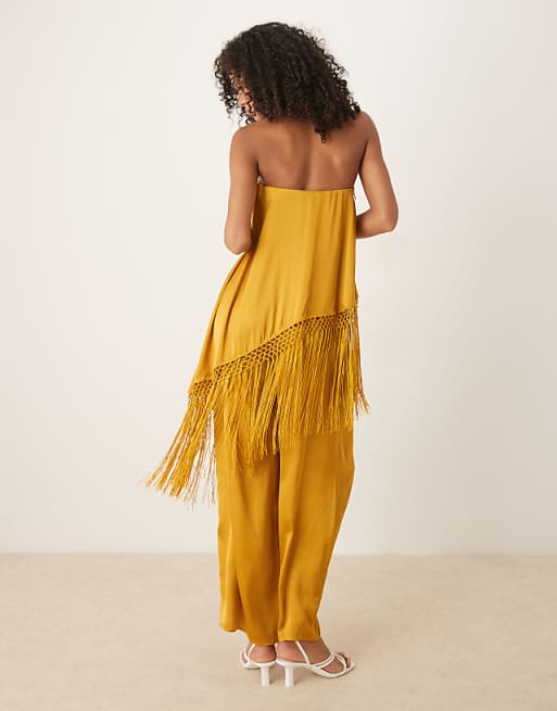 Asos ASOS DESIGN Embroidered Fringe Overlay Satin Jumpsuit In Ochre