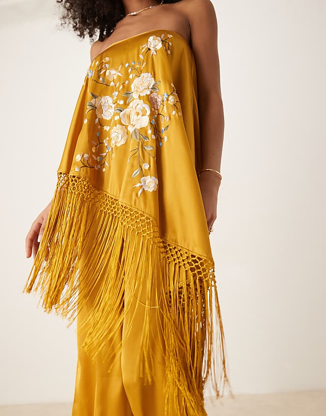 Asos ASOS DESIGN Embroidered Fringe Overlay Satin Jumpsuit In Ochre