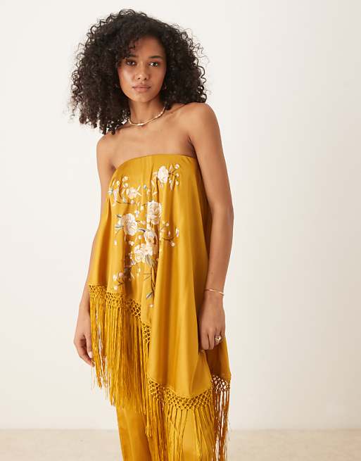 asos ASOS DESIGN embroidered fringe overlay satin jumpsuit in ochre