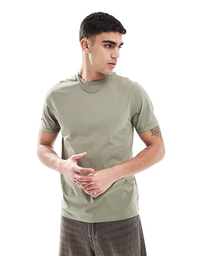 asos ASOS DESIGN essential crew neck t-shirt with roll sleeve in khaki