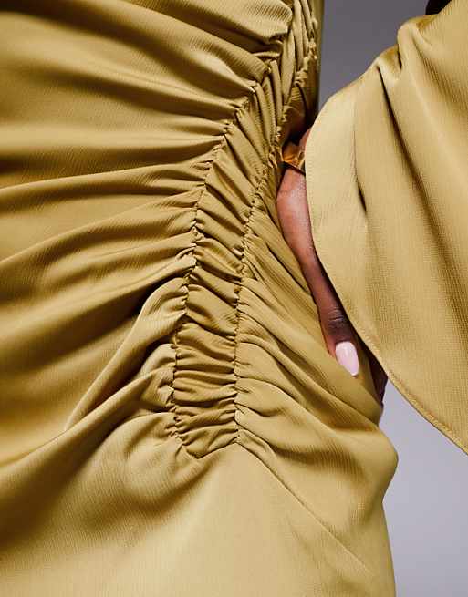 Asos ASOS DESIGN Exaggerated Sleeve Bias Maxi Dress With Ruched Waist In Gold