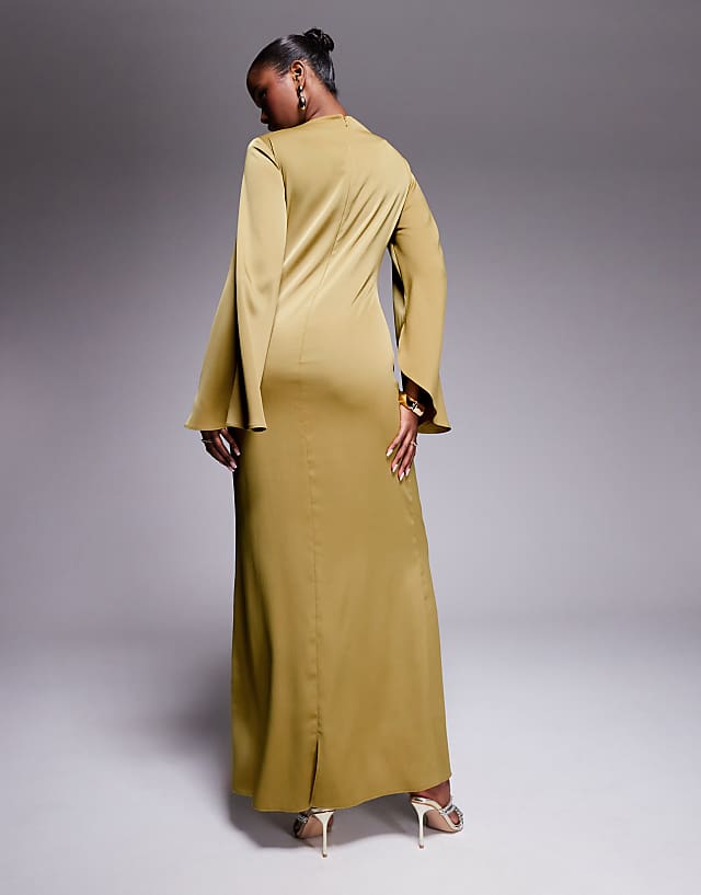 Asos ASOS DESIGN Exaggerated Sleeve Bias Maxi Dress With Ruched Waist In Gold