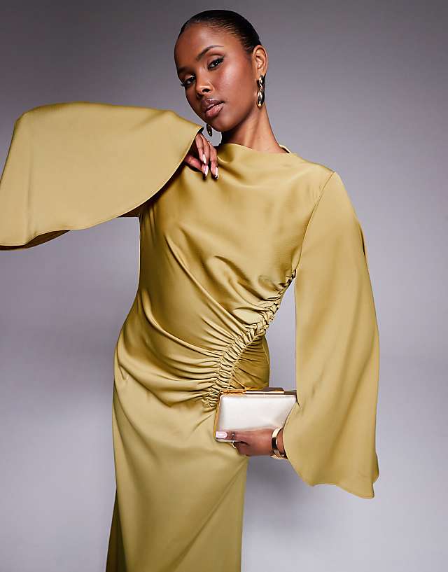 Asos ASOS DESIGN Exaggerated Sleeve Bias Maxi Dress With Ruched Waist In Gold