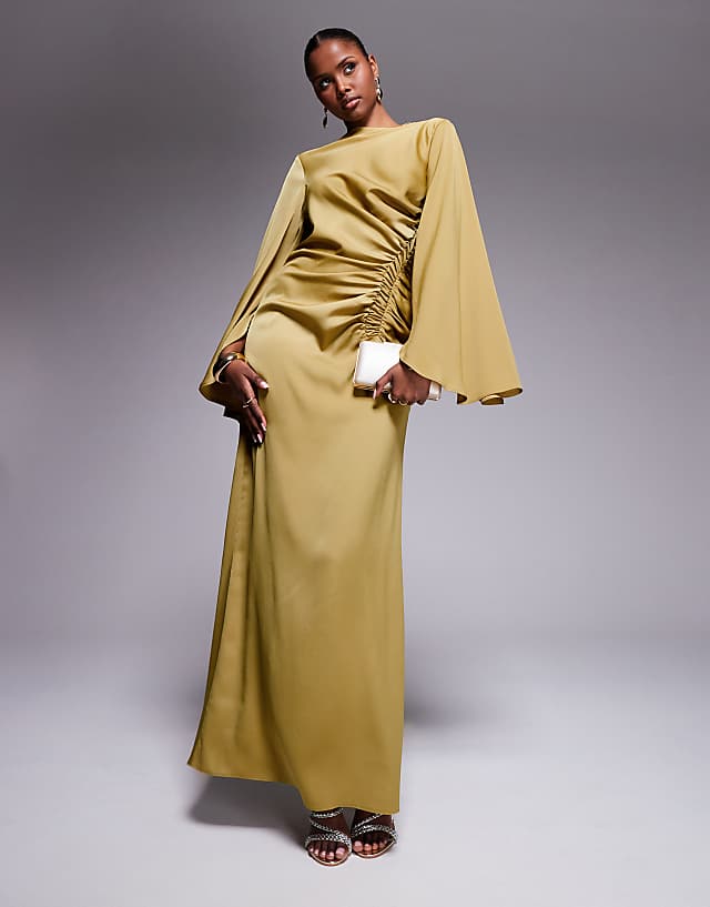 asos ASOS DESIGN exaggerated sleeve bias maxi dress with ruched waist in gold