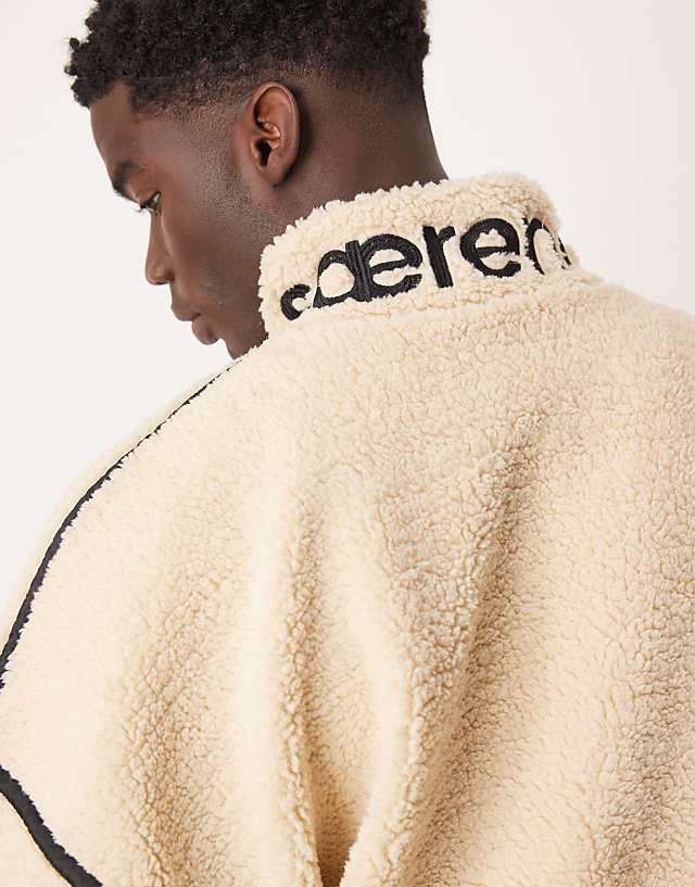 Asos ASOS DESIGN Extreme Oversized Boxy Fleece Jumper With Half Zip And Embroidery In Ecru Borg