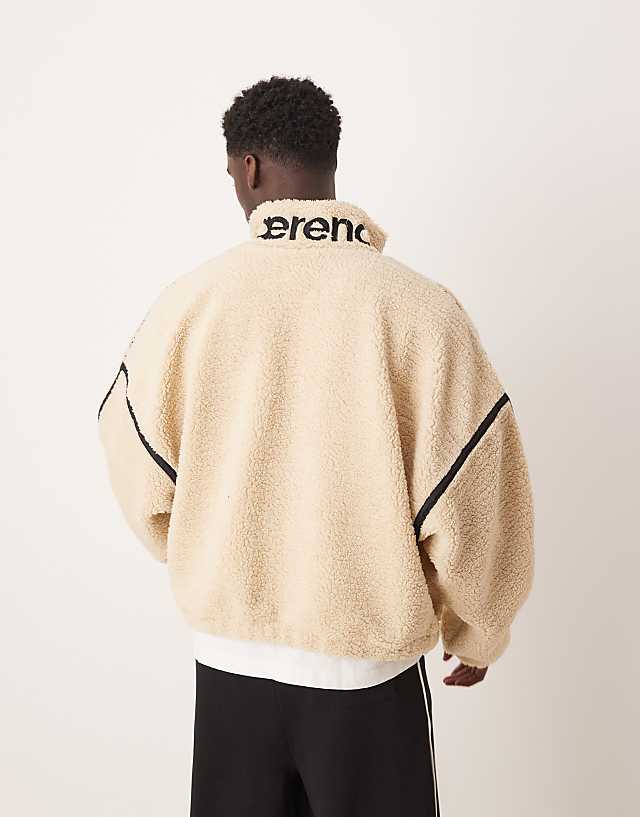 Asos ASOS DESIGN Extreme Oversized Boxy Fleece Jumper With Half Zip And Embroidery In Ecru Borg