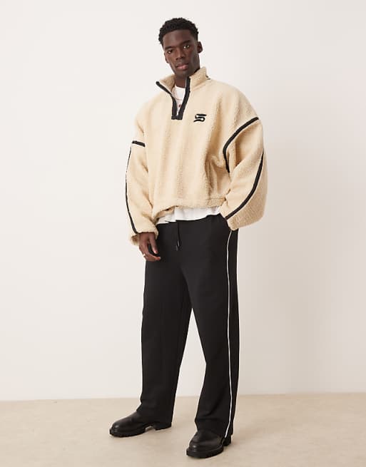 Asos ASOS DESIGN Extreme Oversized Boxy Fleece Jumper With Half Zip And Embroidery In Ecru Borg