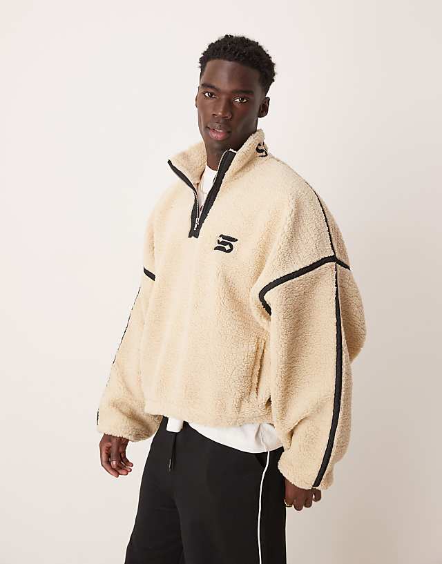 asos ASOS DESIGN extreme oversized boxy fleece jumper with half zip and embroidery in ecru borg