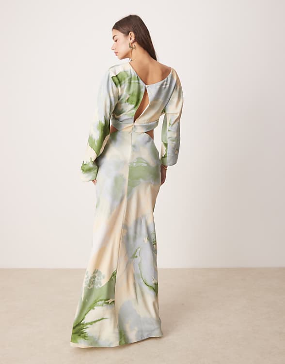 Asos ASOS DESIGN Fallen Shoulder Cut Out Midaxi Dress In Watercolour Floral