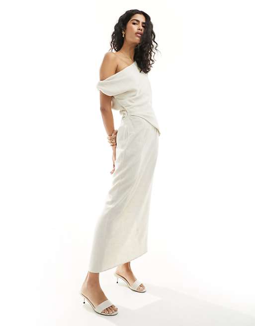 asos ASOS DESIGN fallen shoulder linen midi dress with pleat waist in oatmeal
