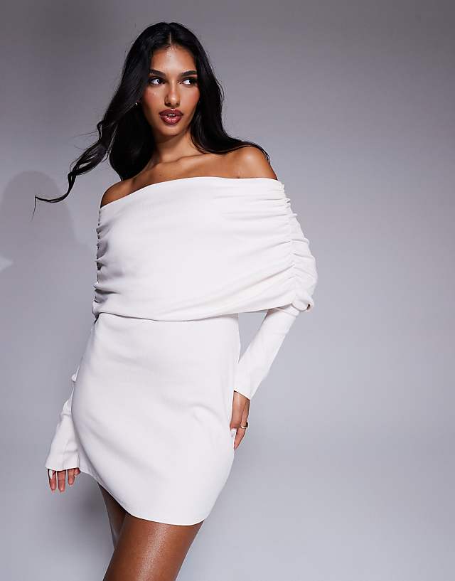 Asos ASOS DESIGN Fallen Shoulder Rib Mini Dress In Off White - WHITE