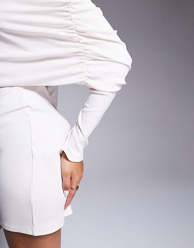 Asos ASOS DESIGN Fallen Shoulder Rib Mini Dress In Off White - WHITE