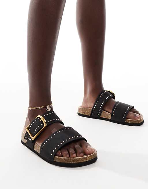 asos ASOS DESIGN Fallon studded footbed sandals in black
