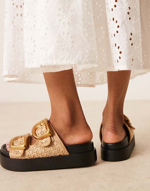 Asos ASOS DESIGN Femi Oversized Buckle Footbed Mules In Natural