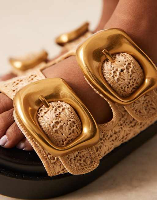 Asos ASOS DESIGN Femi Oversized Buckle Footbed Mules In Natural