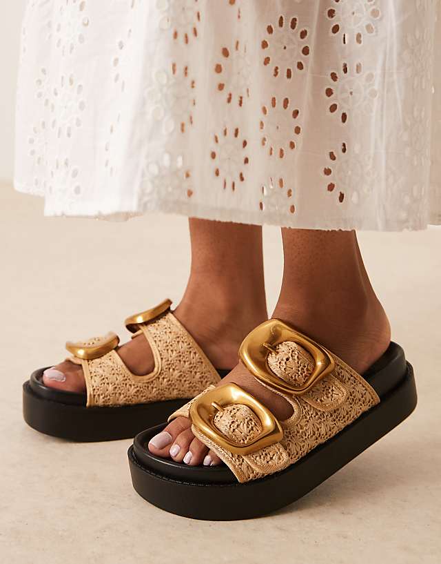 asos ASOS DESIGN Femi oversized buckle footbed mules in natural