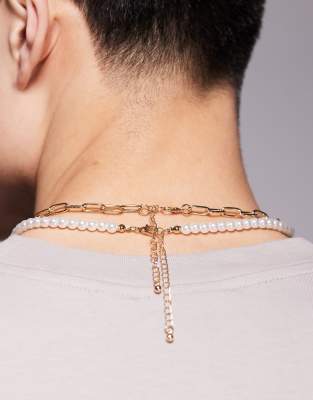 Asos ASOS DESIGN Festival Faux Pearl And Emerald Crystals 5 Pack Necklace In Gold