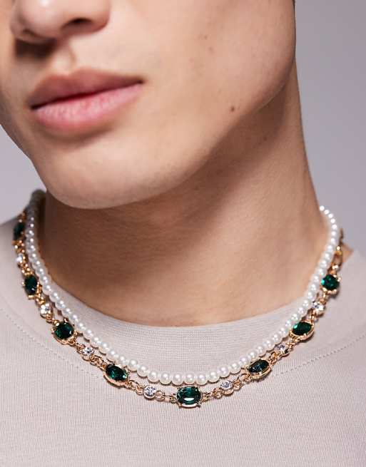 asos ASOS DESIGN festival faux pearl and emerald crystals 5 pack necklace in gold