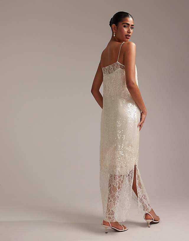 Asos ASOS DESIGN Floral Lace Applique Embellished Cami Midaxi Wedding Dress In Ivory