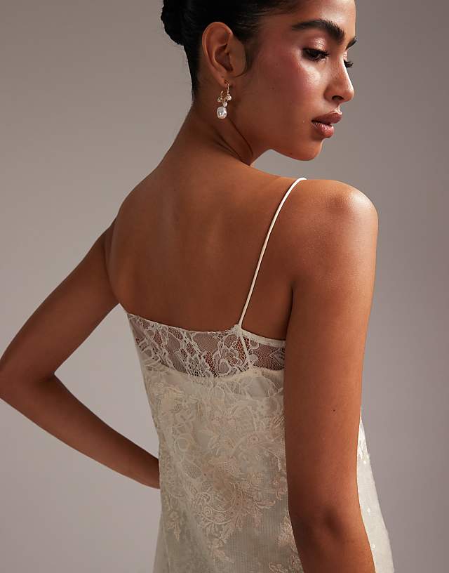 Asos ASOS DESIGN Floral Lace Applique Embellished Cami Midaxi Wedding Dress In Ivory