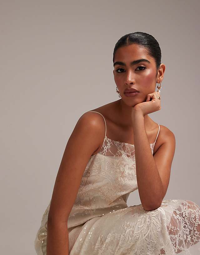Asos ASOS DESIGN Floral Lace Applique Embellished Cami Midaxi Wedding Dress In Ivory