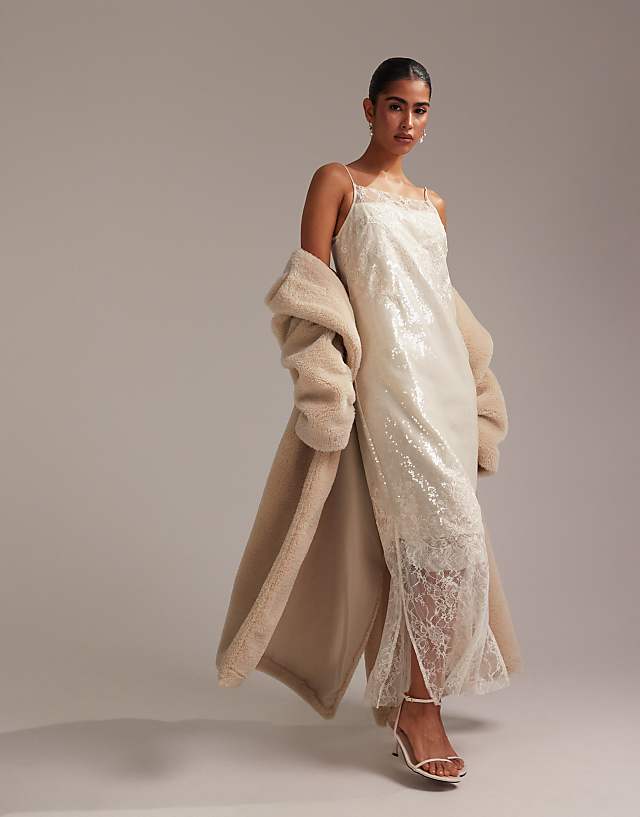 asos ASOS DESIGN floral lace applique embellished cami midaxi wedding dress in ivory
