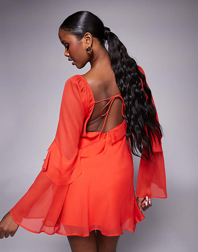 Asos ASOS DESIGN Flute Sleeve Ruffle Mini Dress In Red