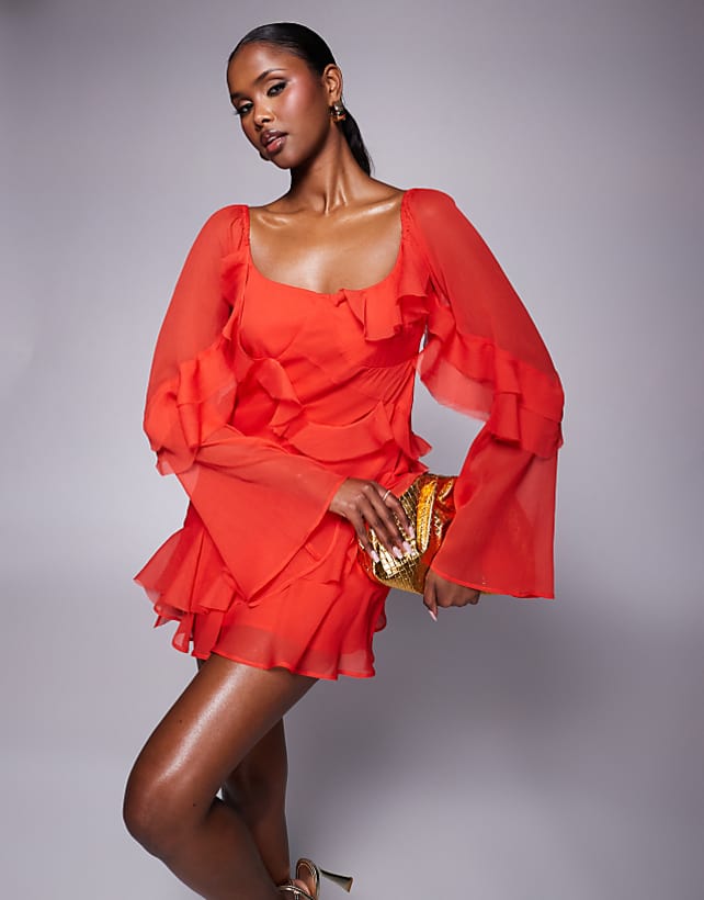 asos ASOS DESIGN flute sleeve ruffle mini dress in red