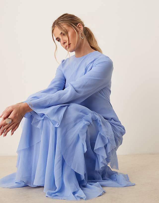 Asos ASOS DESIGN Fluted Long Sleeve Extreme Ruffle Maxi Dress In Blue