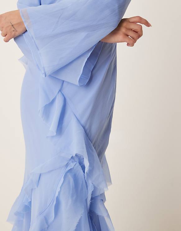 Asos ASOS DESIGN Fluted Long Sleeve Extreme Ruffle Maxi Dress In Blue