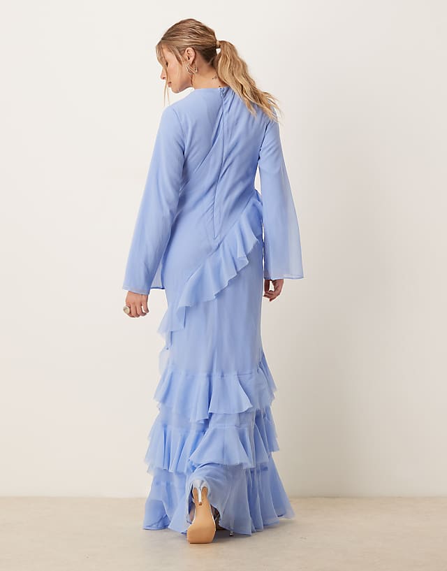 Asos ASOS DESIGN Fluted Long Sleeve Extreme Ruffle Maxi Dress In Blue