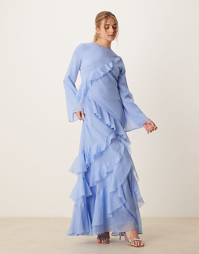 asos ASOS DESIGN fluted long sleeve extreme ruffle maxi dress in blue