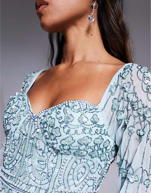 Asos ASOS DESIGN Fluted Sleeve Maxi Dress With Placement Embellishment In Aqua Blue