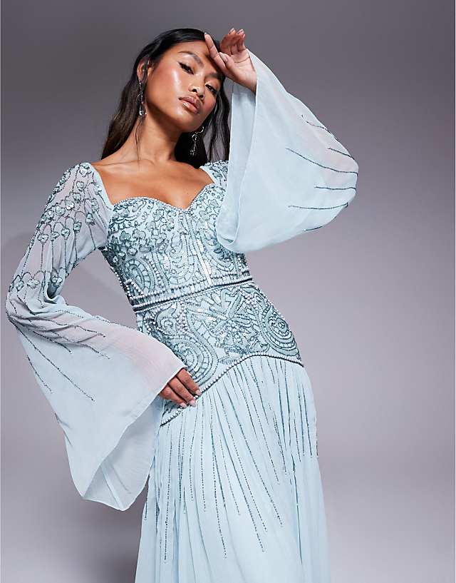 Asos ASOS DESIGN Fluted Sleeve Maxi Dress With Placement Embellishment In Aqua Blue