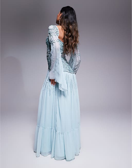 Asos ASOS DESIGN Fluted Sleeve Maxi Dress With Placement Embellishment In Aqua Blue